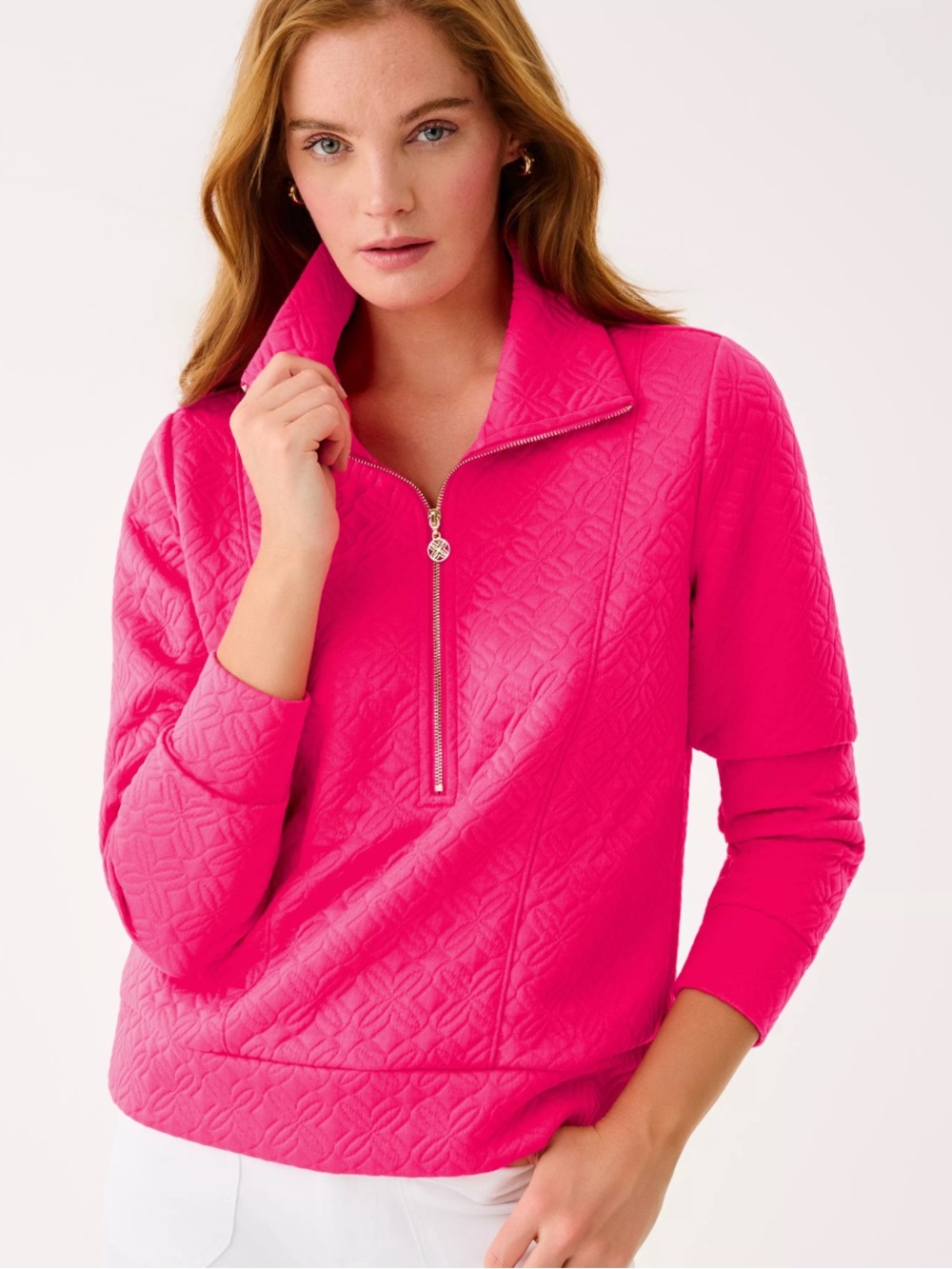 Lilly Pulitzer Eleni Pullover Sun Shell Pink Butterfly Quilted Knit Half Zip LG